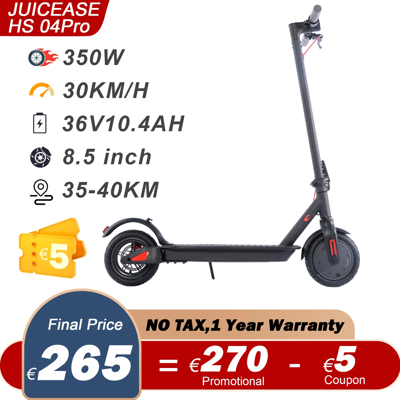 Juicease Scooter Elettrico 8.5 Pollici Anti-Skip 30 Km/H Adulti Scooter Elettrico 35Km 350W 30 Km/H Controllo App Wireless Pieghevole
