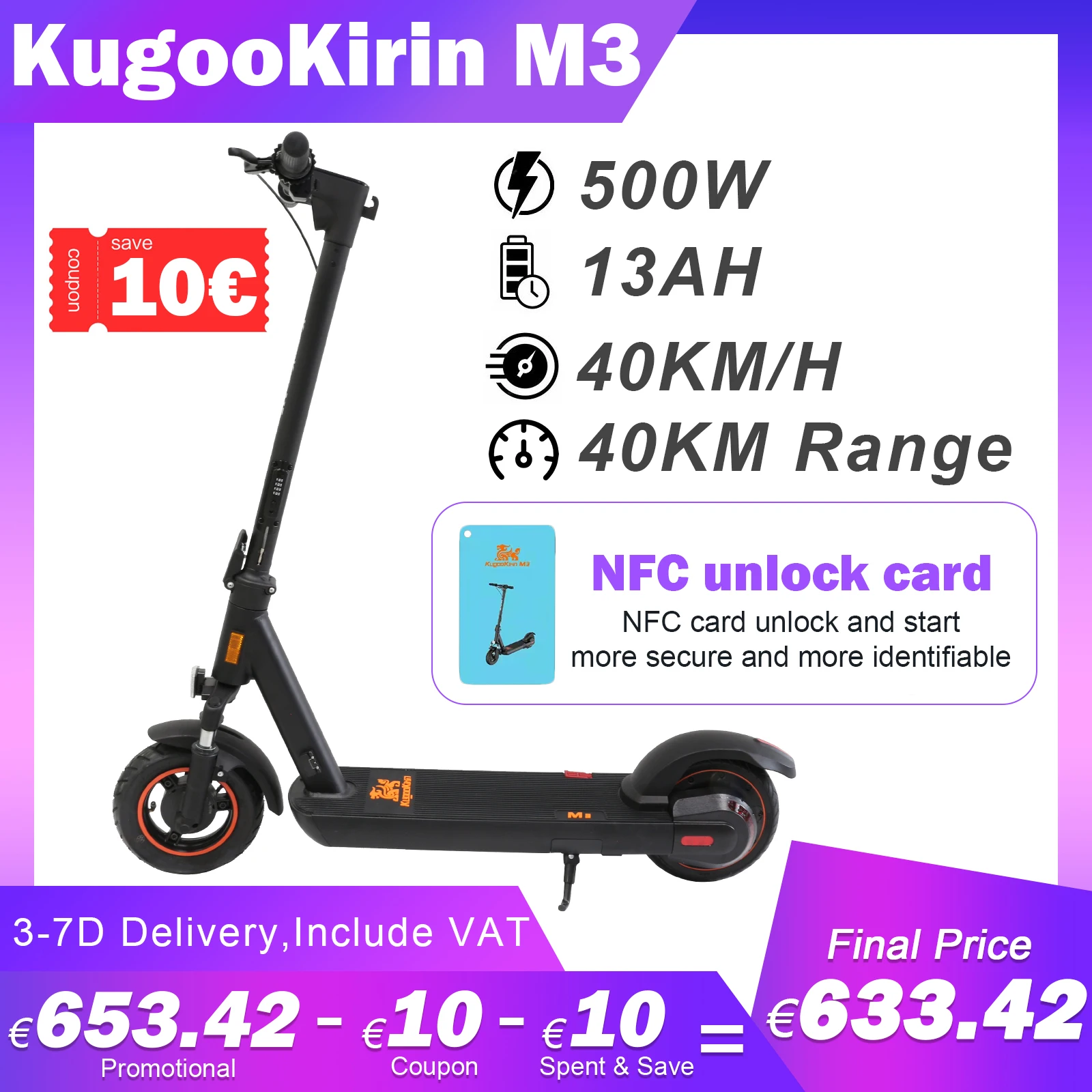 Kugookirin M3 40 Km/H Scooter Elettrico 500W Potente Scheda Nfc Sblocca E-Scooter Con Ipx7 Impermeabile 13Ah Capacità 40Km Chilometraggio