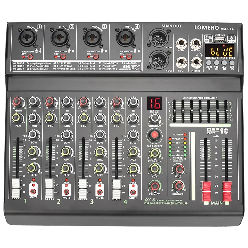 Lomeho 4 Canali Mic Input Mixer Audio 7 Band Eq 16 Dsp Effect Bluetooth Mixing Console 48V Usb Play Record Sound Table Am-Ut4