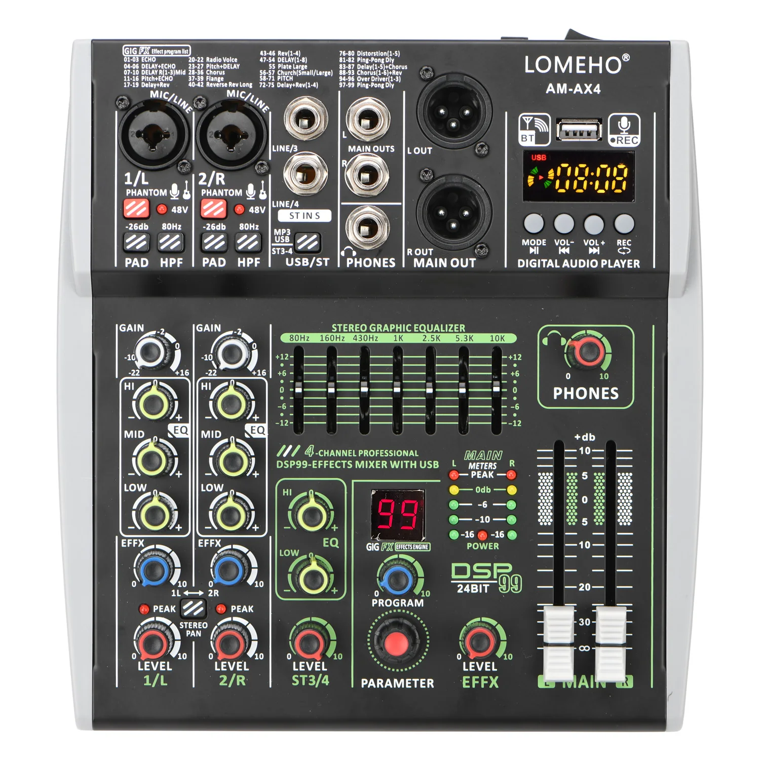 Lomeho 4/6 Canali Input Mixing Console 48V 99 Dsp Effect Bluetooth Audio Dj Mixer Usb Pc Play Record Podcast Sound Table Am-Ax4