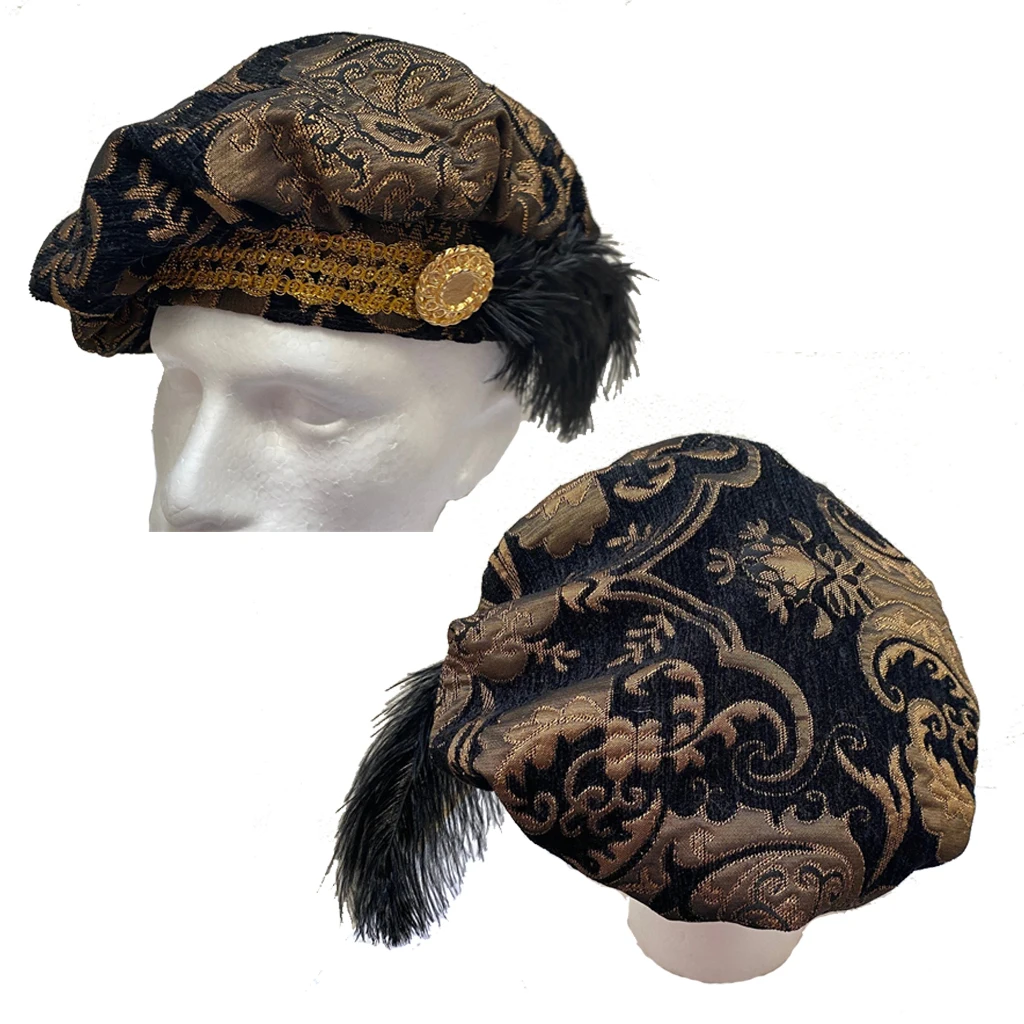 Nuovo!!! Medievale 15Th Century Renaissance Tudor Elisabettiano Rivoluzionario Nero E Oro Broccato Muffin Poet Floppy Hat