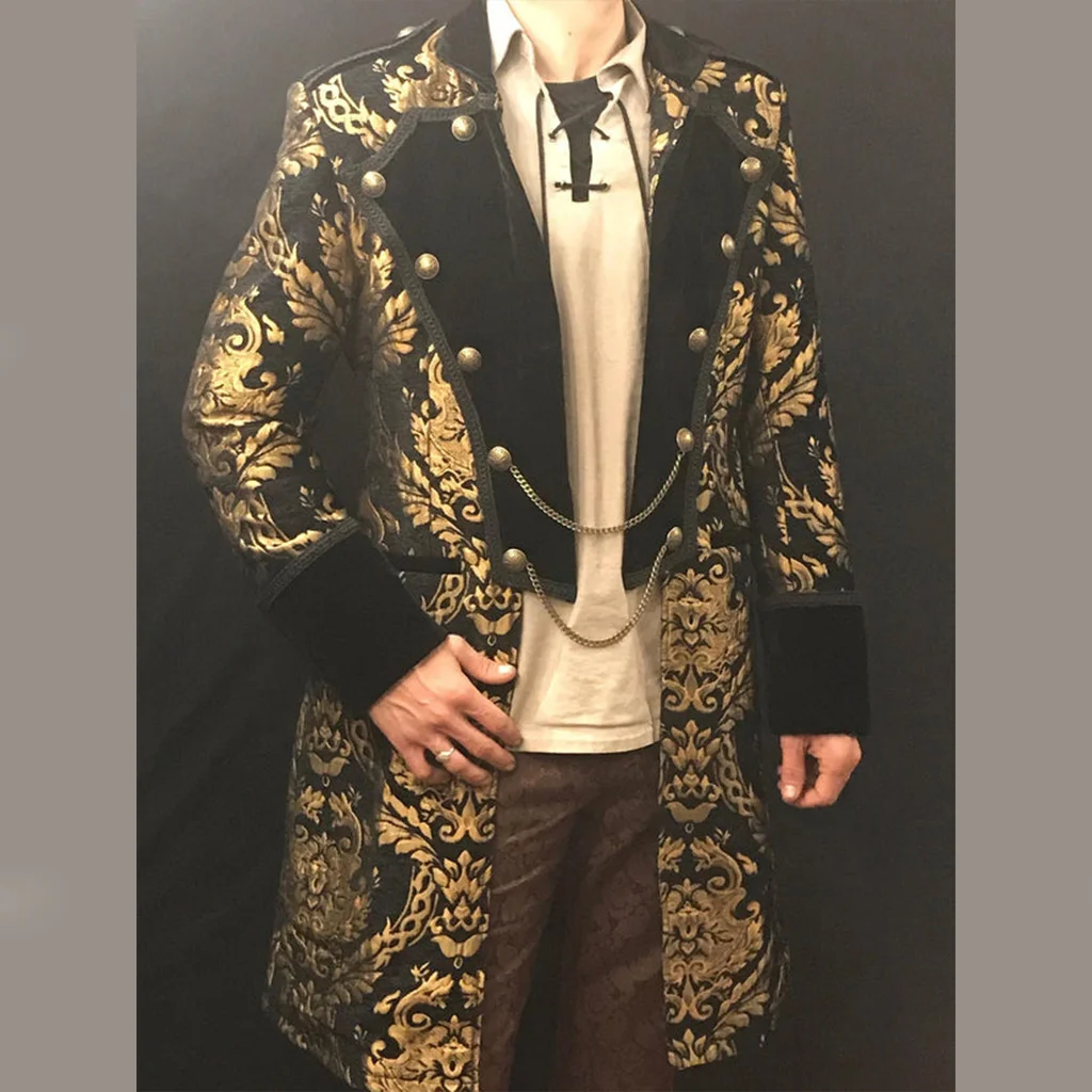 Black And Gold Brocade Military Jerkin Vittoriano Rinascimentale Medievale Rivoluzionario Buccaneer Pirate Coat Gothic Tudor Jacket