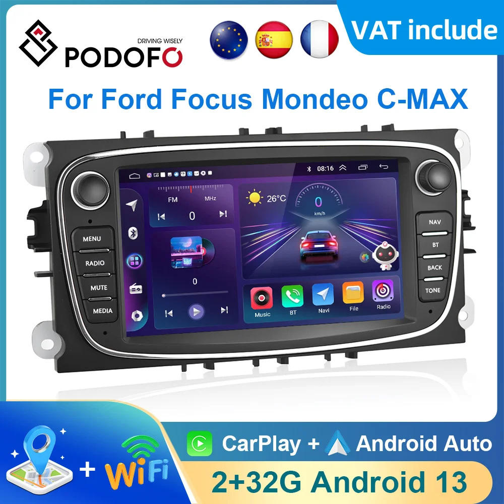 Podofo Car Android Carplay Radio Multimedia Player Per Ford Focus S-Max Galaxy C-Max Navigazione Gps Video No Dvd 2Din