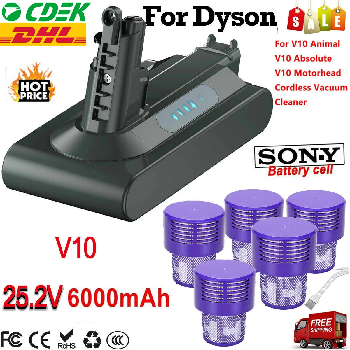Batteria V10 Sv12, Per Dyson Cyclone Batteria Di Ricambio 25.2V V10 Animal V10 Motorhead Clean Dyson Aspirapolvere, 6000Mah 88.2Wh
