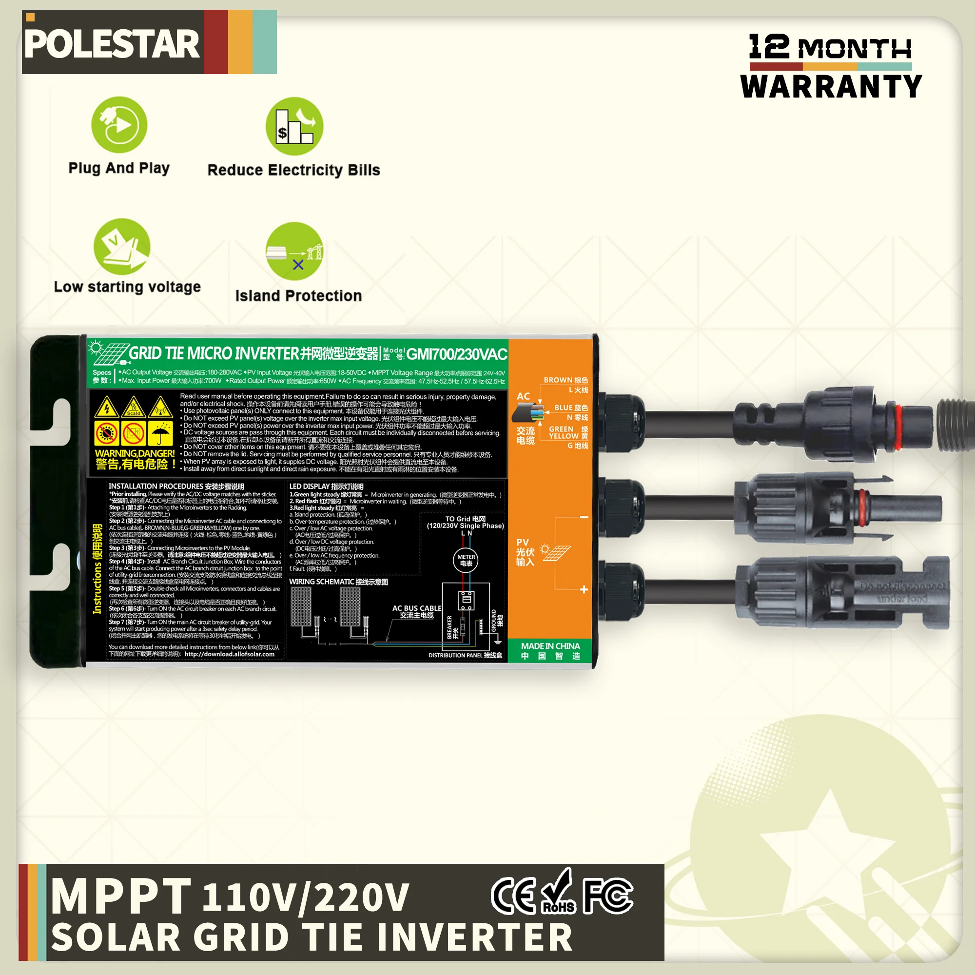 Polestar 700W 500W 350W Solar Grid Tie Micro Inverter Mppt Input Dc26V-46V Pv Output Ac110V-240V Home Solar On Grid System