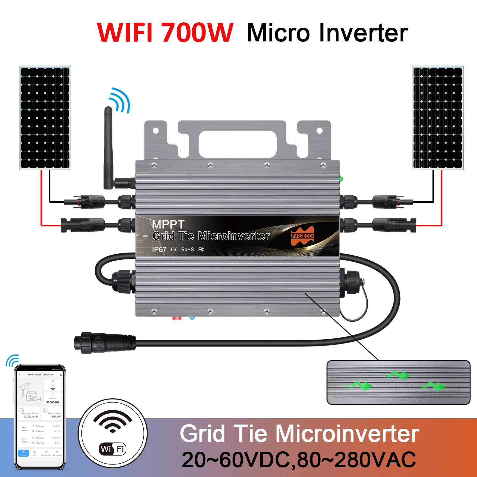 700W Solar Powered Inverter Grid Tie Onda Sinusoidale Pura 120V 220V Mppt Micro Inverter Dc A Ac 24V 48V Microinverter Wifi Opzionale