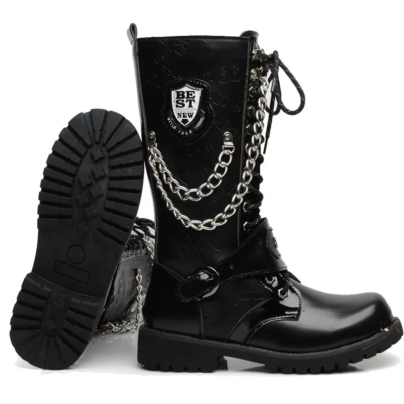 2023 New Army Boots Uomo High Military Combat Mid Calf Catena In Metallo Maschio Moto Punk Scarpe Da Uomo Rock Platform Boots Gomma