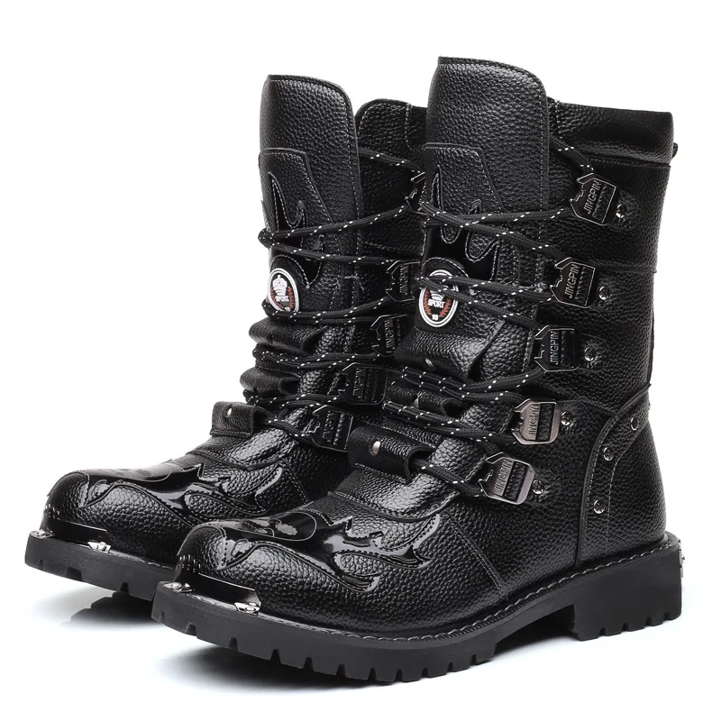 Stivali Da Moto Da Uomo Invernali 2022 New Fashion Mid-Calf Punk Rock Punk Shoes Mens Pu Leather Black High Top Mens Casual Boot 38-46