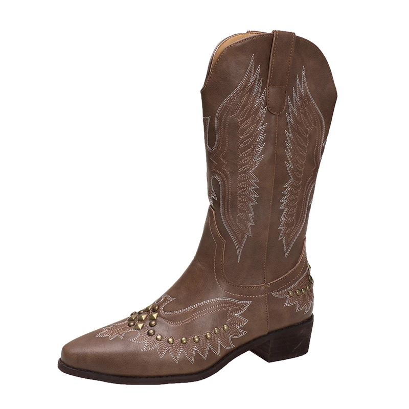 Stivali Con Borchie Donna Tacco Basso Cowboy Chelsea Western Short Leather Knee High Designer Di Lusso Gothic New Rock Shoes Vintage