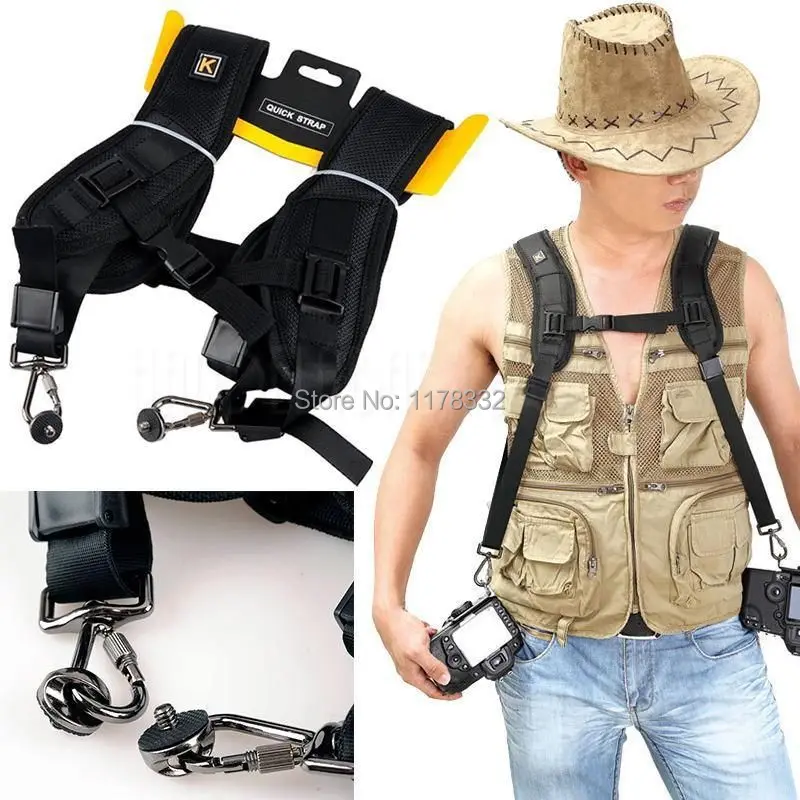 Nero Della Macchina Fotografica Veloce Rapida Doppia Spalla Sling Strap Per Dslr Fotocamera Reflex Digitale Fuji, Pentax, Sigma Samsung Canon Nikon