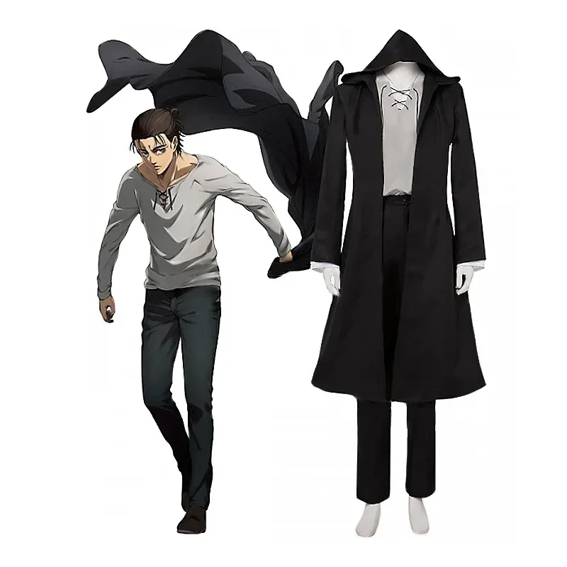 Attack On Titan Eren Jaeger Costume Cosplay Anime Nero Con Cappuccio Trench T-Shirt Pantaloni Suit Shingeki No Kyojin Outfits