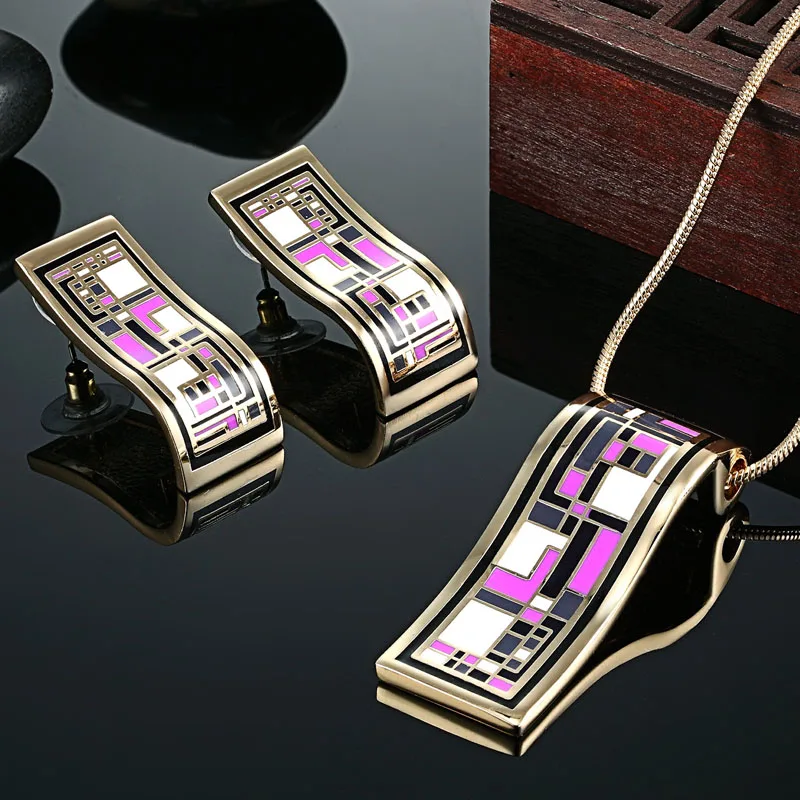 Zlxgirl Jewelry Vendita Calda Viola Violetta Smalto Collana Orecchino Set Di Gioielli Set Di Gioielli Da Sposa Color Oro Di Marca