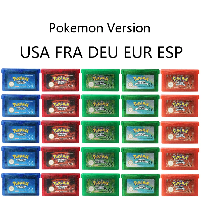 5 Pz Pokemon 32-Bit Usa/Fra/Eur/Esp/Deu Cartuccia Per Videogiochi Console Scheda Di Gioco Rassodata Smeraldo Foglia Verde Rubino Zaffiro