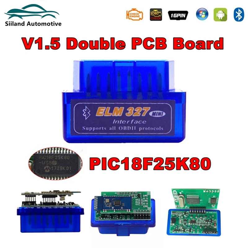 Super Mini Elm327 Bluetooth Obd2 V1.5 2Pcb Board Pic18F25K80 Per Auto Elm-327 Obdii Code Diagnostic-Tools