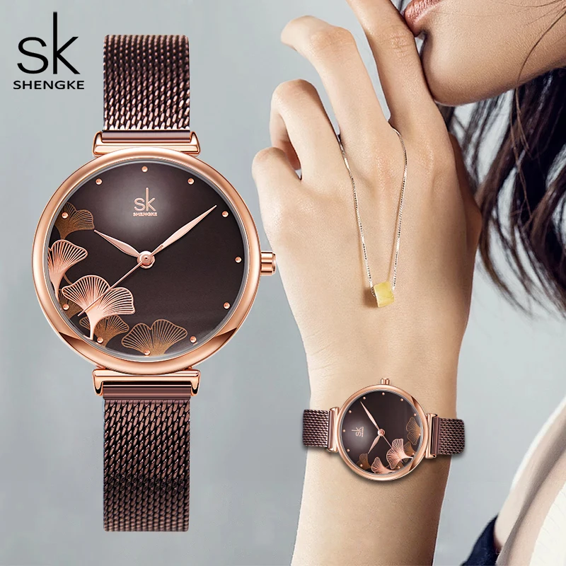 Shengke Watch For Women Creative Brown Mesh Band Women Watch Quarzo Giapponese Reloj Mujer Fashion Designer Serise Montre Femme