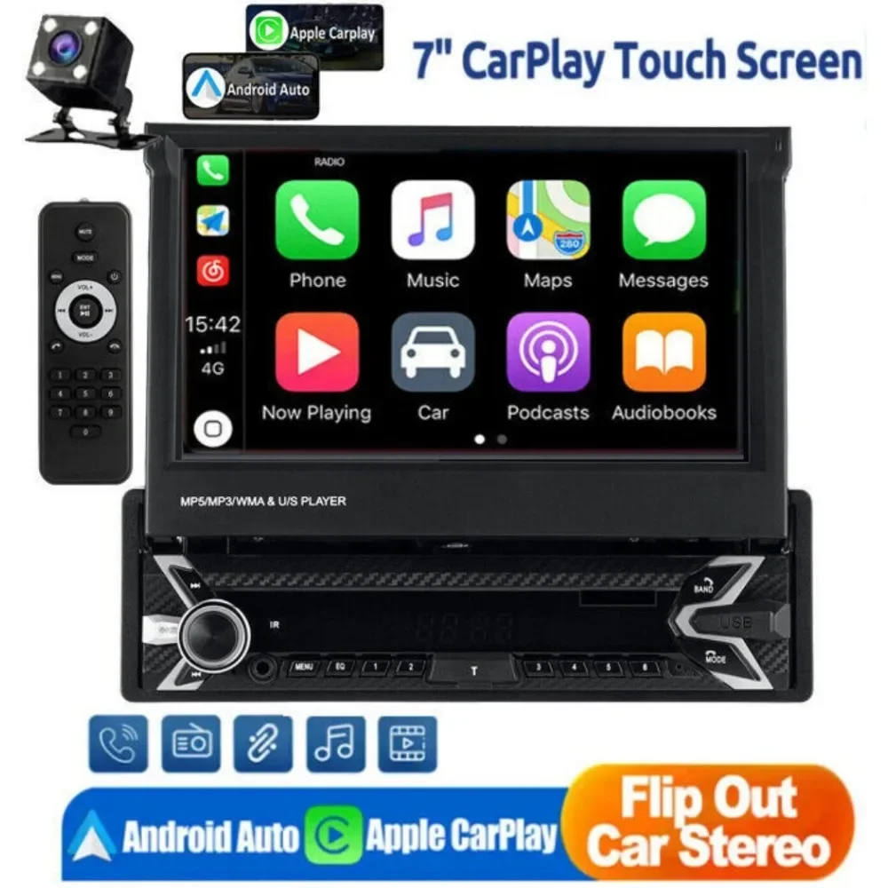 Singolo 1 Din 7 "Flip Out Autoradio Stereo Apple Carplay Auto Bluetooth Fm Player