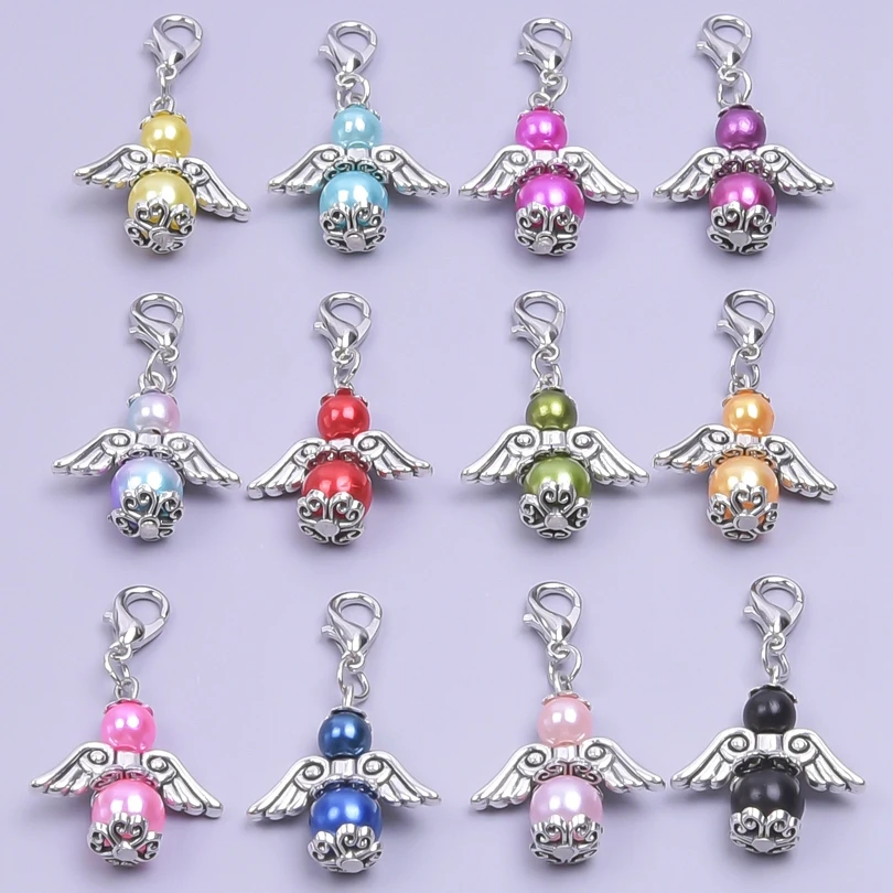 12 Pz/Lotto Mix Dancing Fairy Guardian Angel Wings Pearl Charms Making Lucky Portachiavi Accessori Fit Gifts Jewelry Bulk Wholesale
