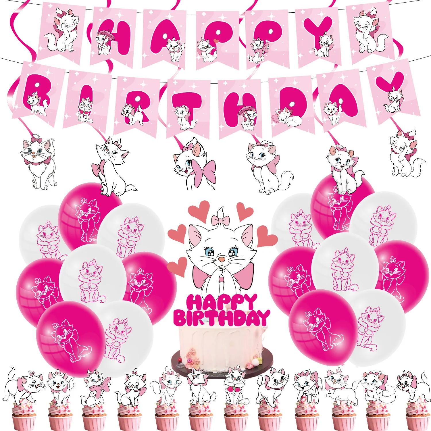 Disney Maried Cat Balloons Princess Neonate Happy Birthday Banner Decorazione Per Feste Cartoon Cake Topper Forniture Per Baby Shower
