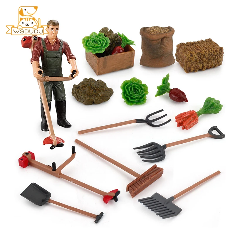 Farm Set Kid Toy Fork Pala Rastrello Modello Vegetale Action Figure Mini Scene Farmer Man Figurine Garden Decor Play Game Regalo Per Adulti
