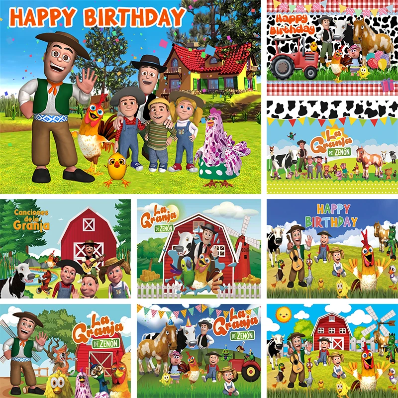 La Granja De Zenon Birthday Farm Decoration Sfondo Green Grass Barn Chicken Cow Tractor Prop Kids Party Photography Background