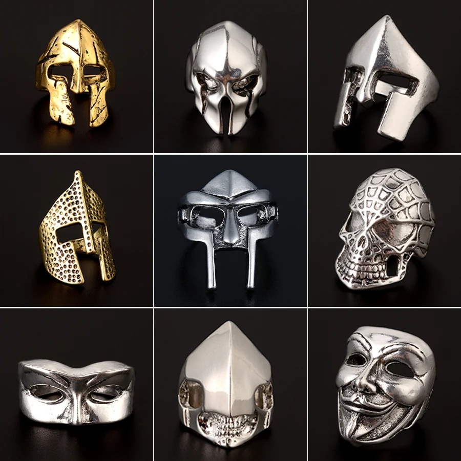 Gothic Mf Doom Mask Rings For Men Gladiator Spartan Warrior Helmet Ring Retro Faraone Egiziano Gioielli Maschili Accessori Vichinghi