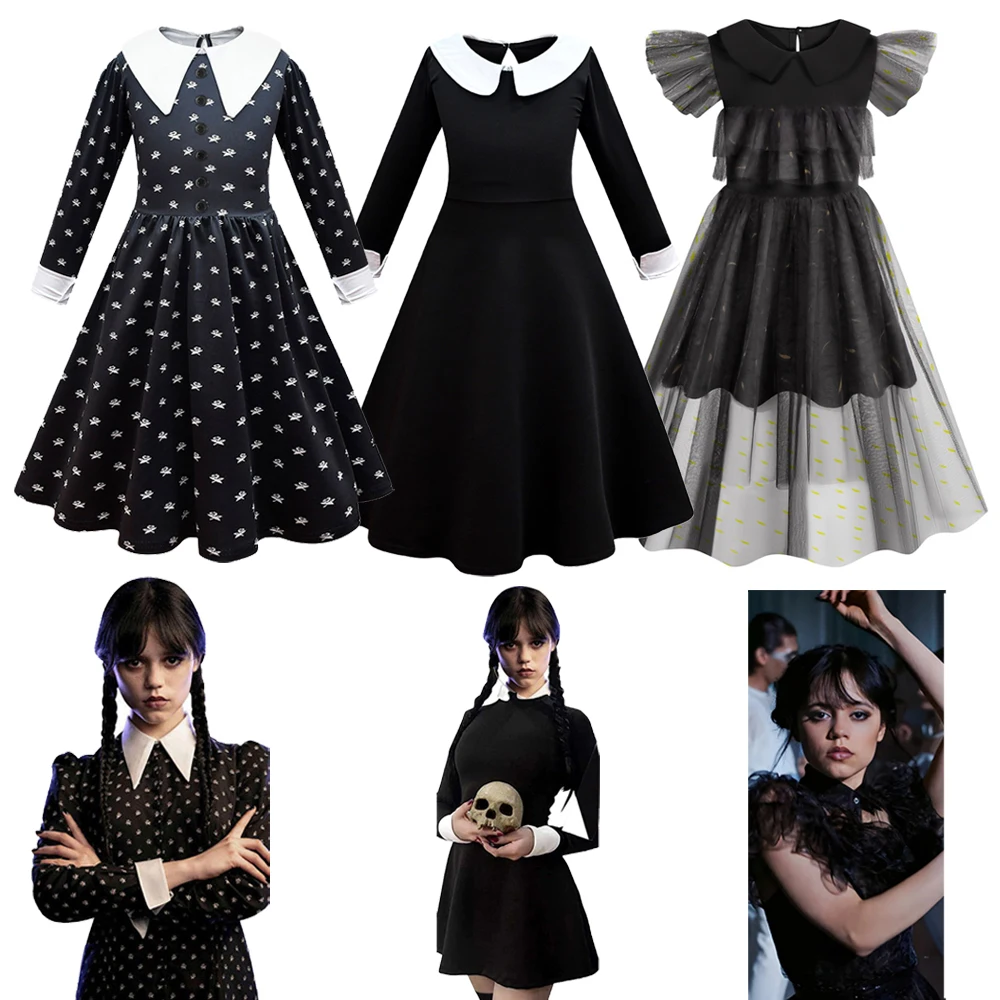 Ragazze Morticia Dress For Kids Halloween Cosplay Adams Birthday Party Vestiti Gotici Dress Black Sunday Adams Family Costume