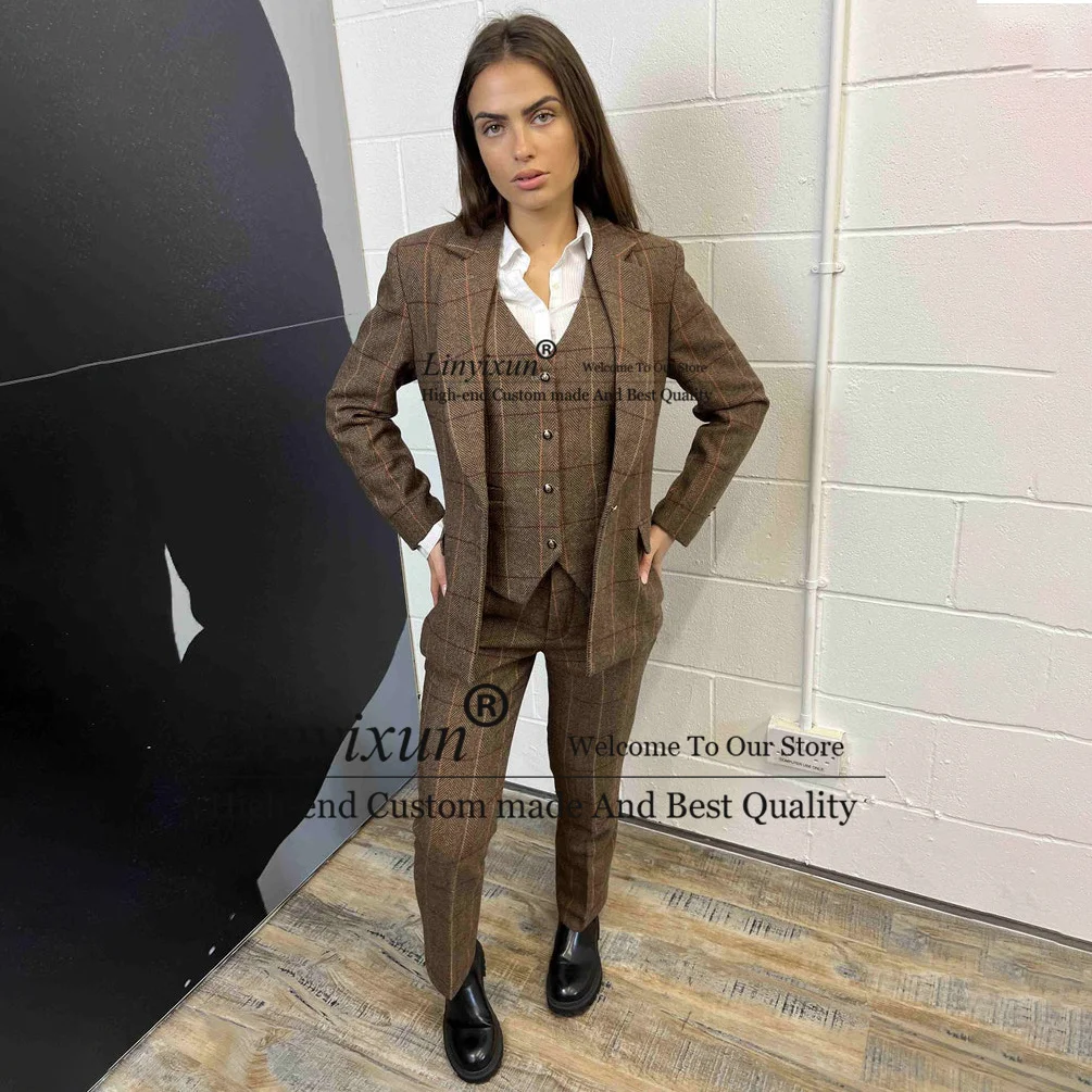 Moda Vintage Plaid Suit Donna Office Ladies 3 Pezzi Set Giacca Pantaloni Suit Slim Fit Women Wedding Blazer
