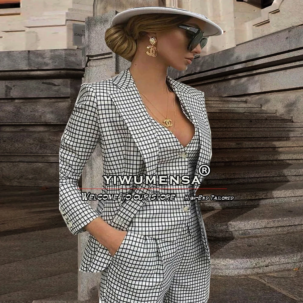 Abiti Da Donna Bianchi/Neri Plus Size Plaid Check 3 Pezzi Office Lady Blazer + Vest + Pant Formal Party Tailleur Femme Bride Mother Dres
