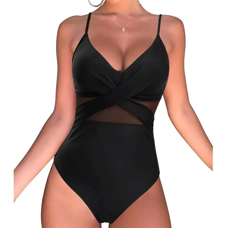 2024 Black Net Costumi Da Bagno Di Grandi Dimensioni Donna Plus Size Costume Intero Push Up Per Beach Pool Bagnante Nuoto Costumi Da Bagno Per Il Corp