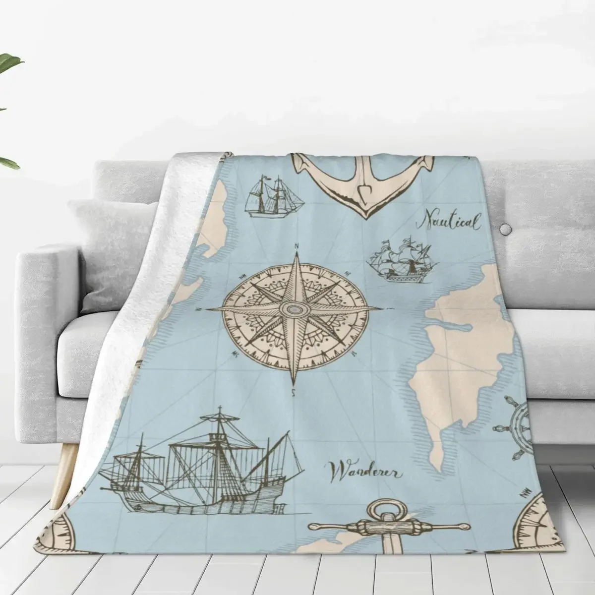 Blue Sea Map Anchor Coperta Vintage Sailing Yachts Flanella Divertente Coperta Traspirante Per Divano Letto Primavera/Autunno