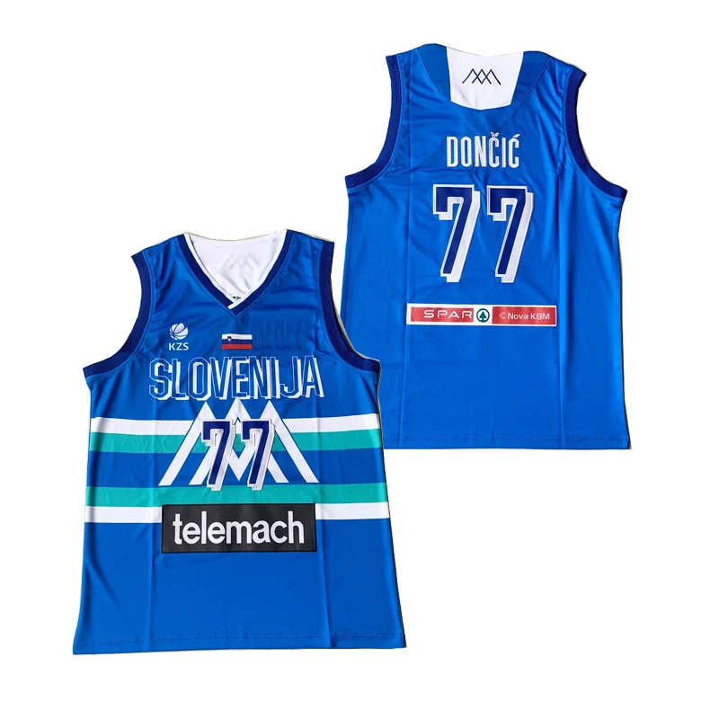 Bg Maglie Da Basket Slovenija 77 Doncic Jersey Ricamo Cucito Abbigliamento Sportivo All'Aperto Hip-Hop Blue Jersey 2021