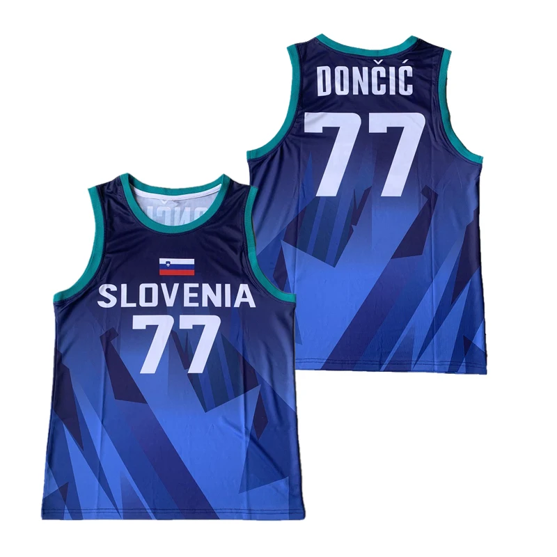 Bg Maglie Da Basket Slovenija 77 Doncic Jersey Ricamo Cucito Abbigliamento Sportivo All'Aperto Hip-Hop Movie Blue Jersey 2021