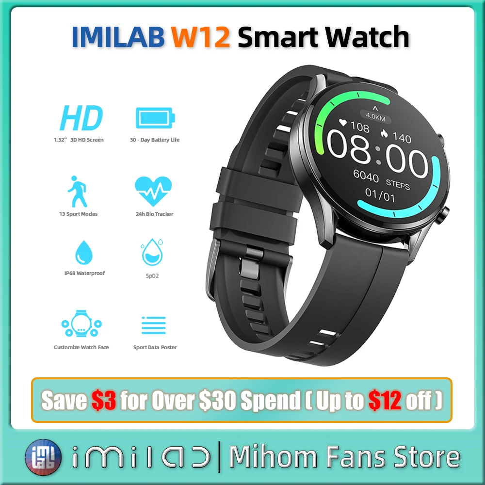Imilab W12 Smart Watch Men Smartwatch Bluetooth Maschio Fitness Tracker Sport Pedometro Frequenza Cardiaca Spo2 Monitor Del Sonno Regalo Aziendale