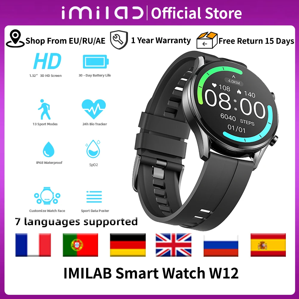 Imilab W12 Smart Watch Men,1.32 "Round,13 Modalità Sportive, Fitness Tracker, Frequenza Cardiaca, Monitor Del Sonno, Ip68 Impermeabile, Smartwatch Mas