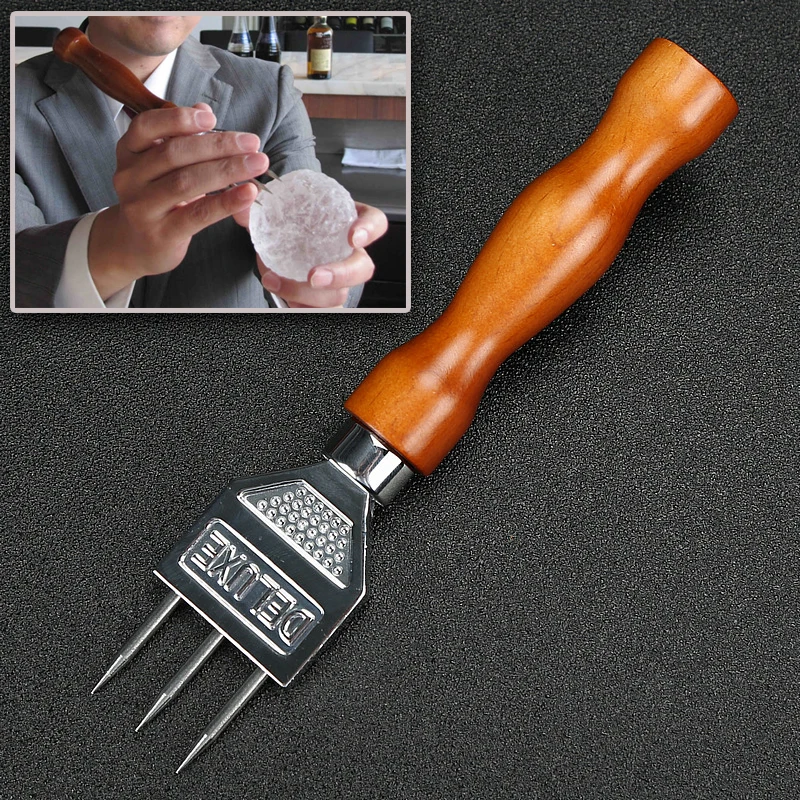 Ice Pick-Robusto Cippatrice A Tre Punte In Acciaio Inossidabile Con Manico In Legno Massello Tritaghiaccio Per Cocktail Barman Bar Tools
