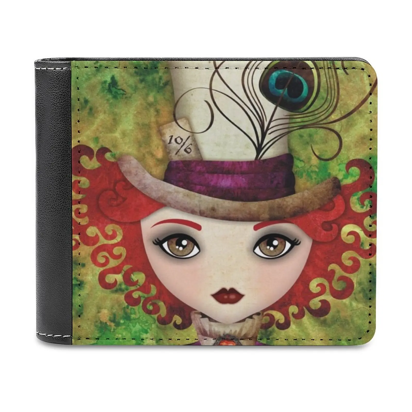 Lady Hatter New Men Portafogli Pu Leather Men Purse Portafoglio Maschile Di Alta Qualità Alice Hat Moss Peacock Feather Red Hair Tea Party Tea