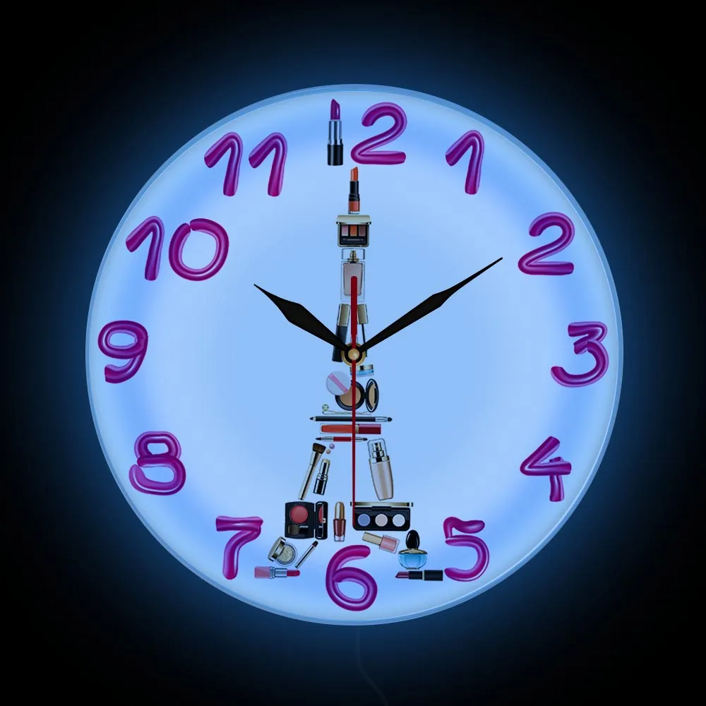 Trucco Ispirato Torre Eiffel Led Orologio Da Parete Retroilluminato Per Ragazze Camera Da Letto Fashion Wall Art French Paris Home Decor Night Light C
