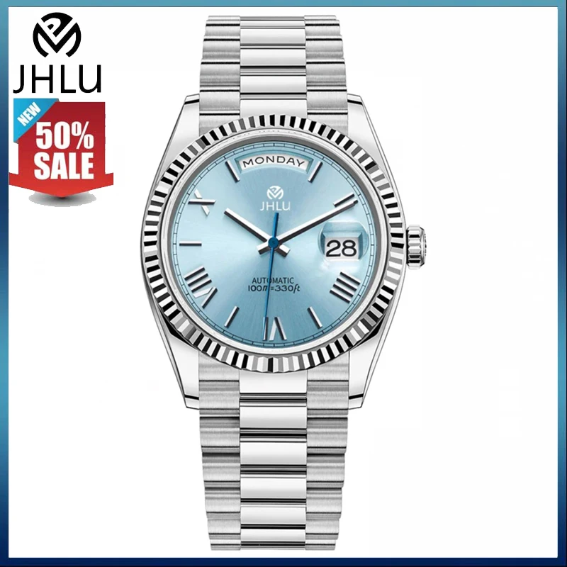 2024 Nuovo Orologio In Vetro Zaffiro Mechanica Orologi Luxury Meteorite Texture Dial Orologio Automatico Per Uomo Day Date Jhlu Watch