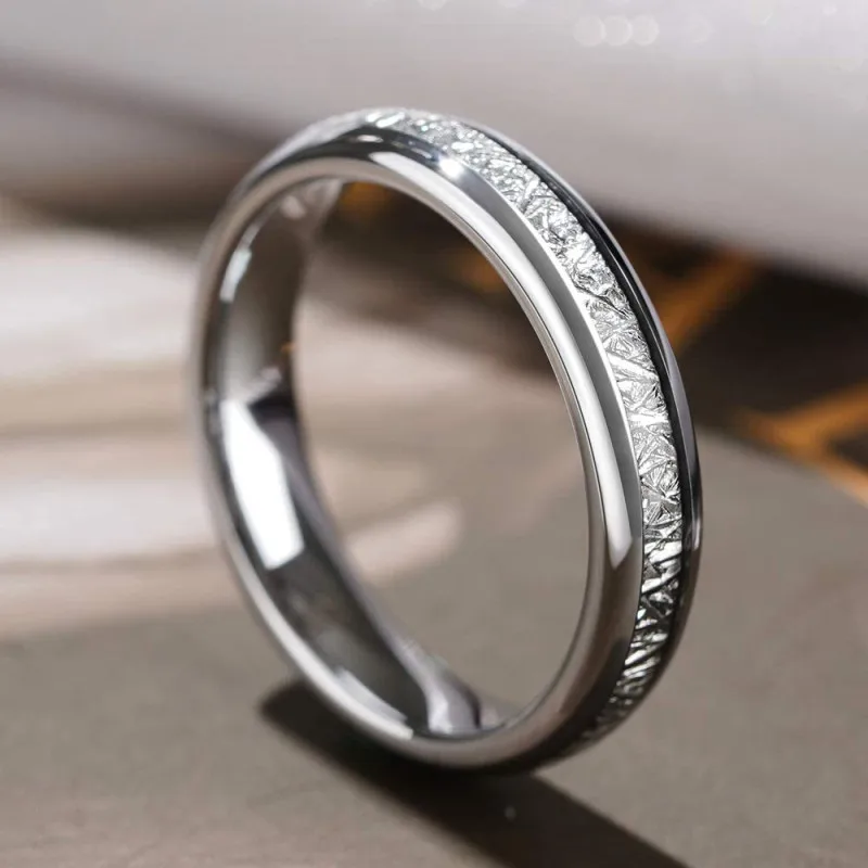 4Mm Moda Argento Colore Tungsteno Fedi Nuziali Per Uomo Donna Cupola Lucido Meteorite Intarsio Acciaio Coppia Anelli Uomo Fedi Nuziali