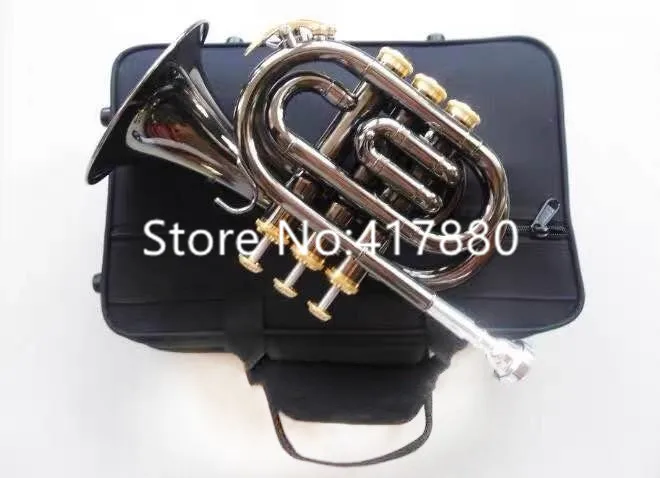 Mini Pocket Trumpet Bb Flat Black Nickel Wind Instrument With Mouthpiece Case Free Shipping