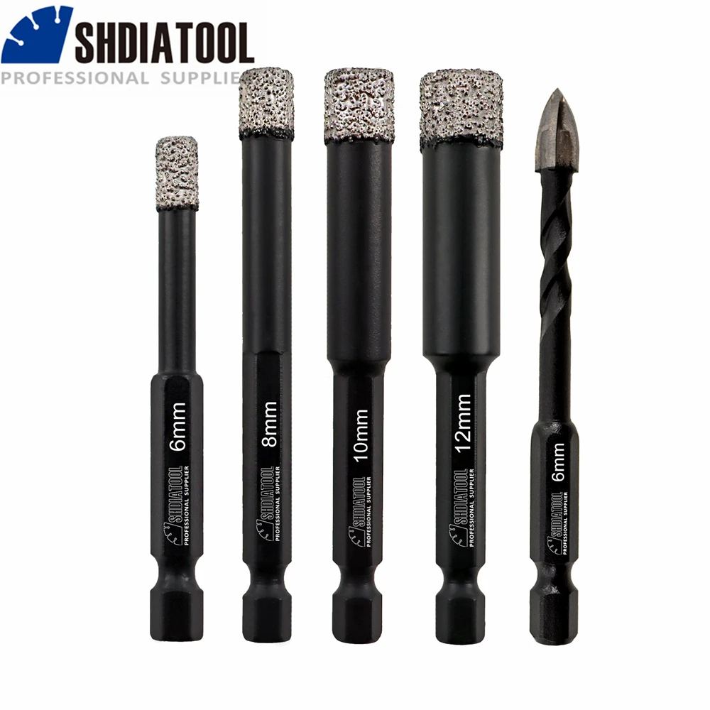 Shdiatool 5Pcs Dia 6/8/10/12Mm Diamond Vaccum Brasato Dry Drilling Bits Quick-Fit Shank Core Cutter Hole Saw Shank Carburo Tile
