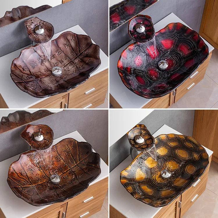 Boweiya Bagno All'Ingrosso Della Fabbrica Septaria Abstract Art Style Lavabo In Vetro Temperato Lavabo Da Tavolo Da Bagno