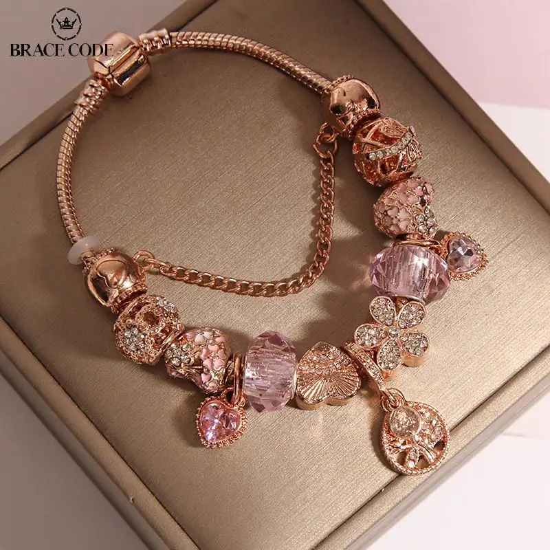 2023 Family Fortune Tree Crystal Peach Heart Bracciale Per Donna Catena Dorata Rosa Fai Da Te Adatta Per Ragazze Friends Gift