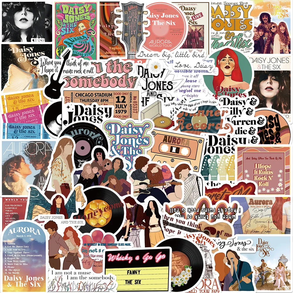 Daisy Jones & The Six Stickers 50Pcs Classic Us Tv Stickers Laptop Computer Wall Notebook Skateboard Phone Car Guitar Decalcomanie Fai Da Te