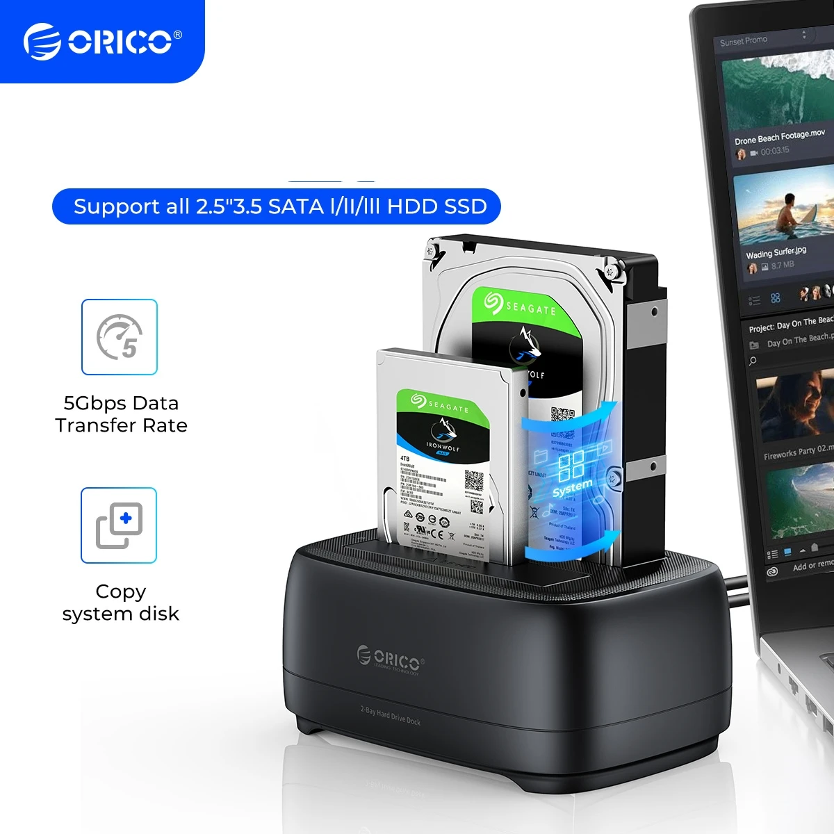 Docking Station Per Disco Rigido Clone Offline Orico Usb3.0 E Type-C 5Gbps Custodia Per Disco Rigido Dual-Bay Hdd/Ssd Da 2.5/3.5 Pollici