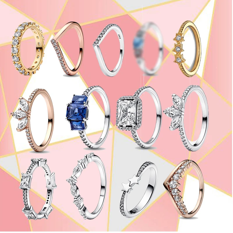 2022 S925 Sterling Silver Christmas Glitter Eternal Wish Floating Half Meteor Blue Rettangolare Three Stone Sparkling Ring