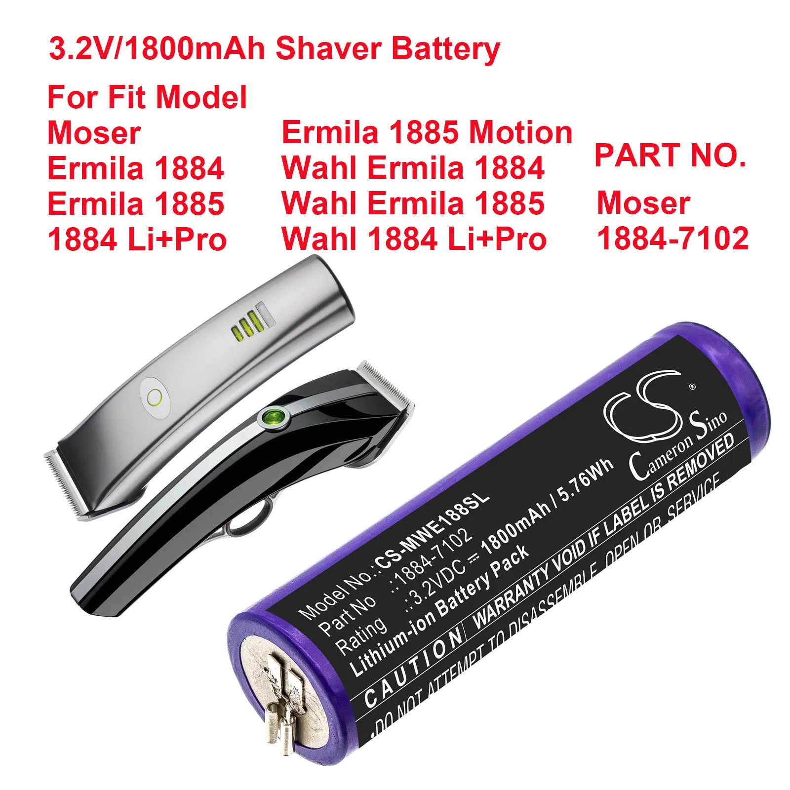 Batteria Rasoio 1800Mah Per Moser 1884-7102 1884 Li + Pro Ermila 1885 Motion Wahl Ermila 1884 Wahl 1884 Li + Pro-Cameron Sino
