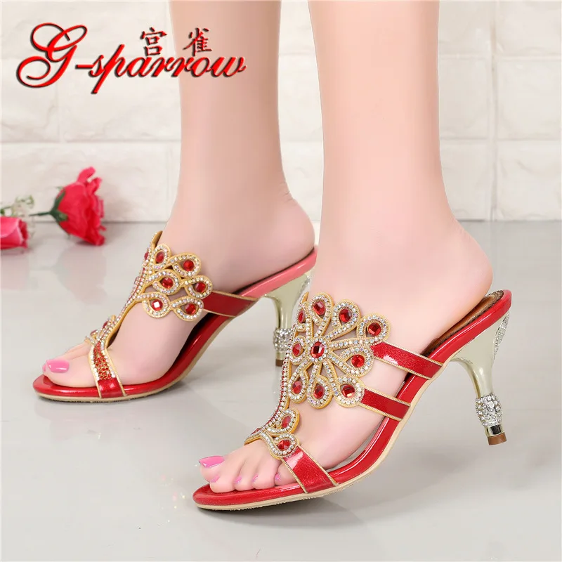 G-Sparrow Summer Women Fashion Pantofole A Spillo Con Tacco Alto Nuove Scarpe Eleganti Di Lusso Con Diamanti Taglia Rossa 11