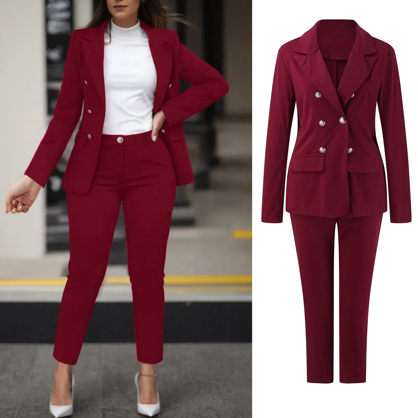 2023 Set Di Pantaloni A Due Pezzi Da Donna Blazer Doppiopetto Da Lavoro Formale Giacca E Pantaloni Set Da 2 Pezzi Eleganti Completi Da Donna