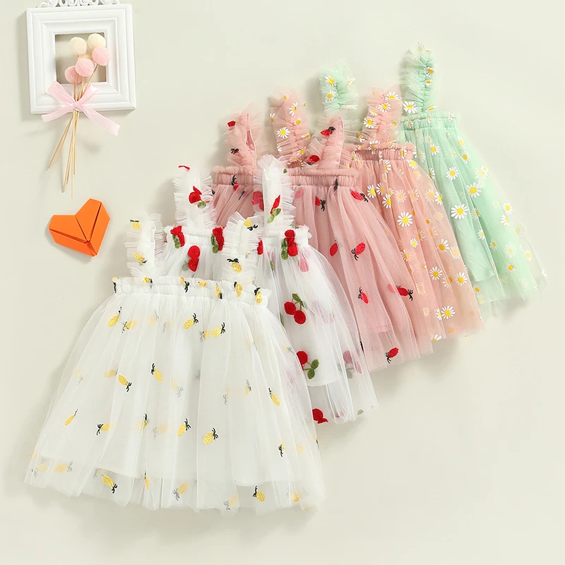 Toddler Kids Girls Princess Dress Daisy/Fruit Ricamo Senza Maniche Sling Dress Summer Casual Mesh Tulle Fluffy Dress